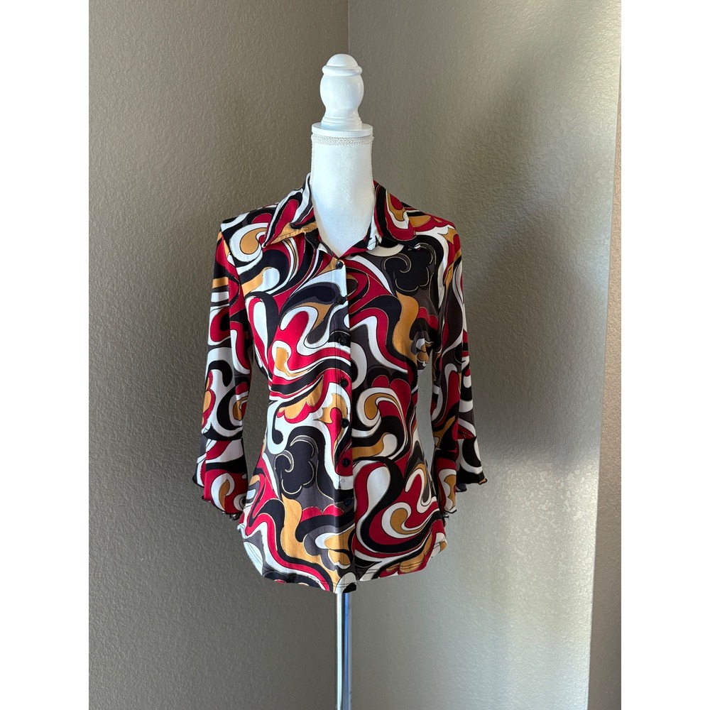 Anxiety Womens XL Red Black Abstract Psychedelic Swirl Sleeve Button Up Shirt